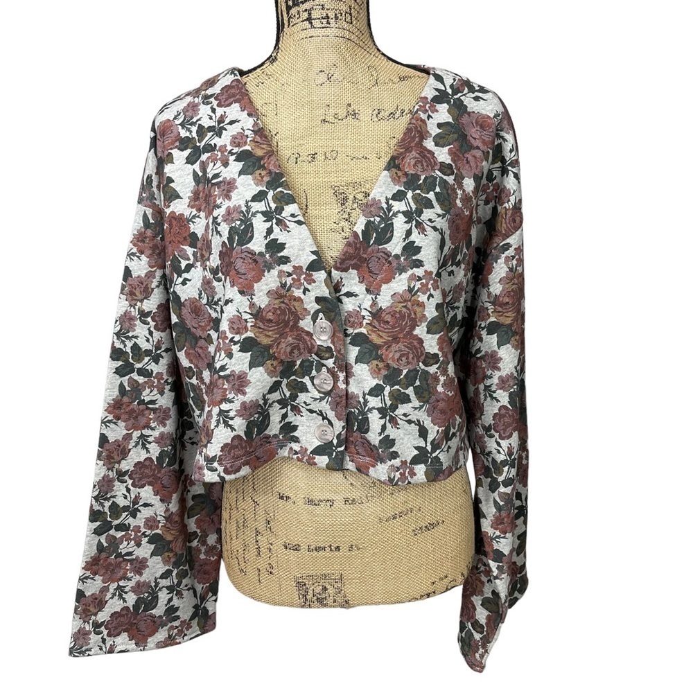 LOVERS + Friends Floral Crop Top French Terry Button Up V Neck